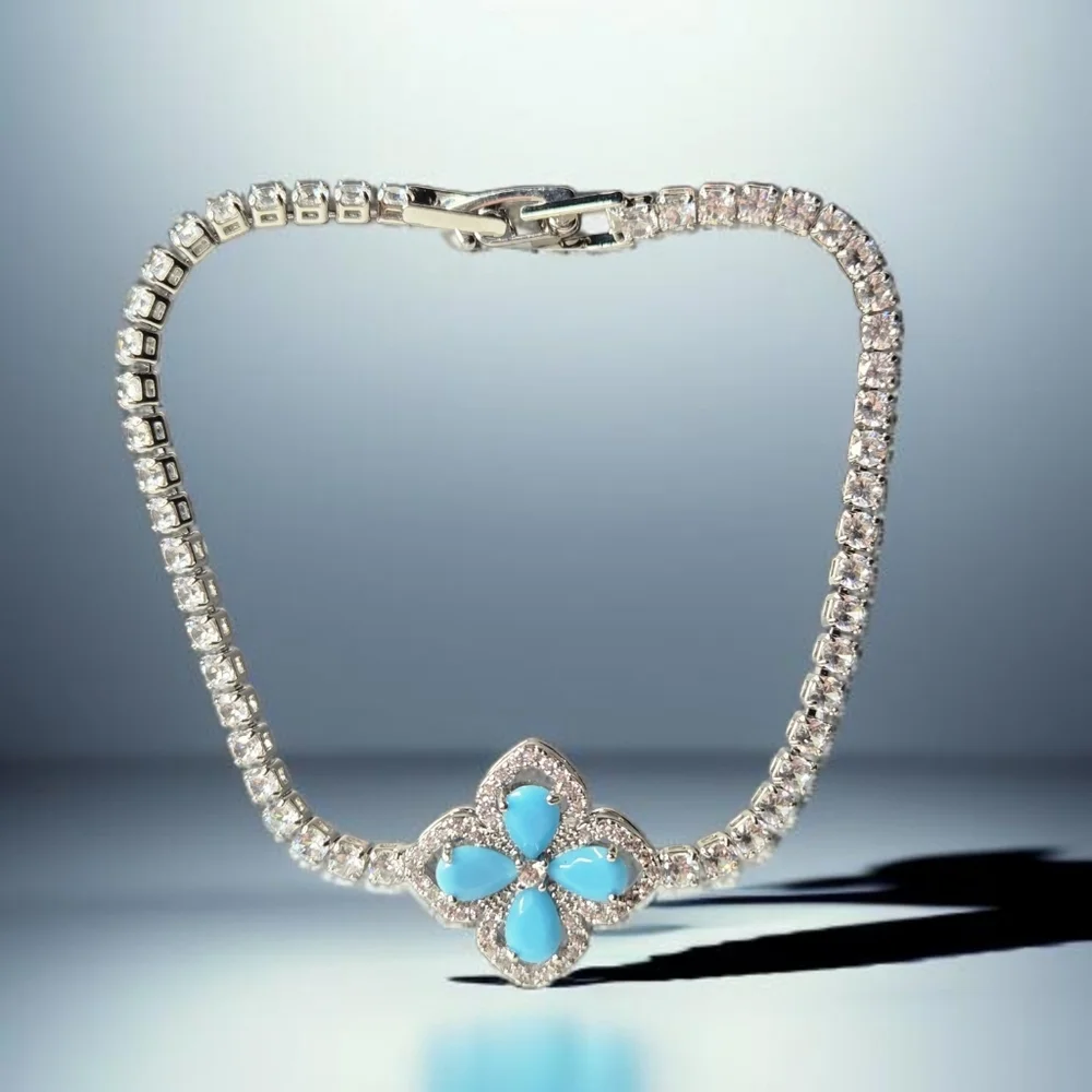 Luxury Silver Turquoise Clover Zircon Crystal Tennis Bracelet